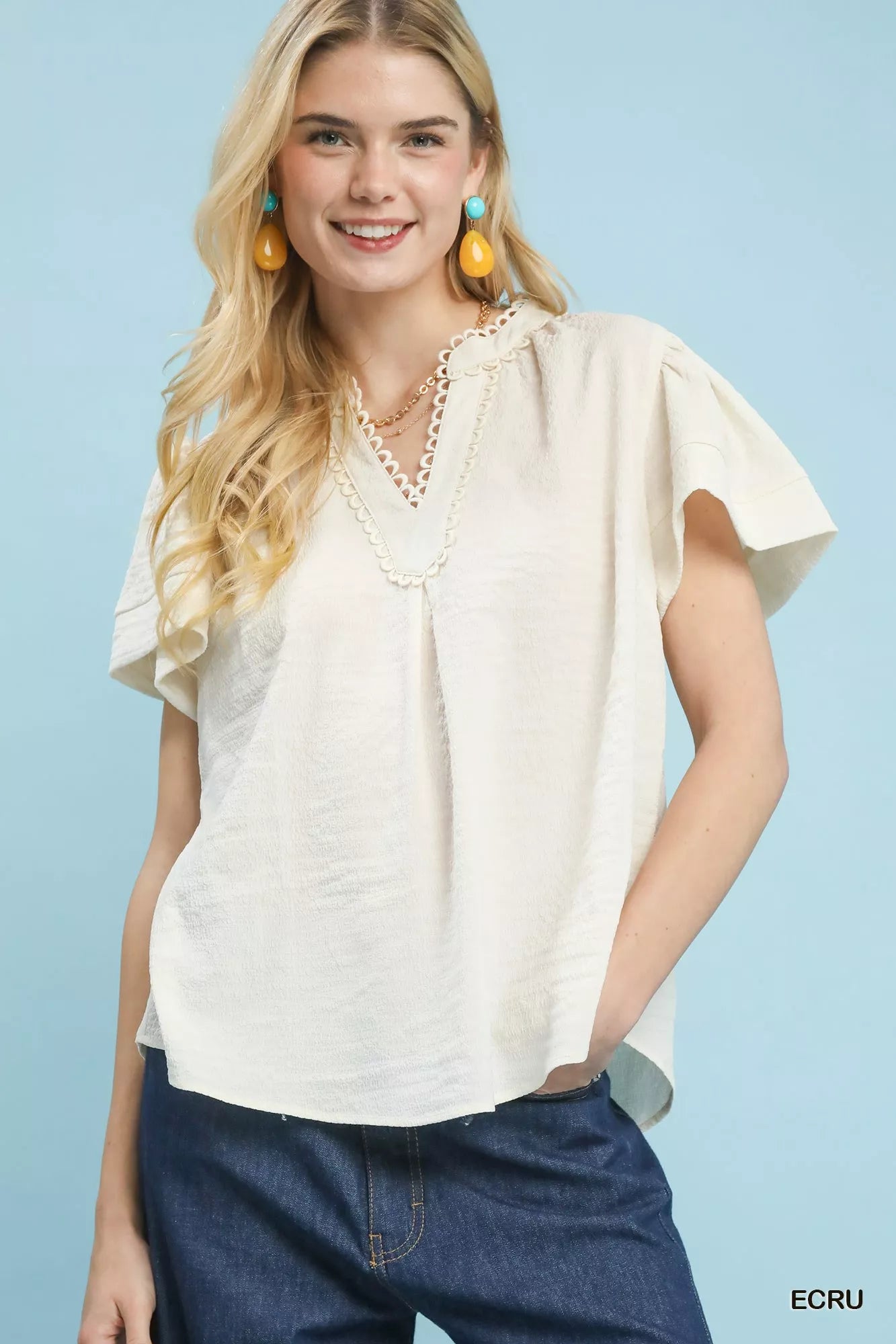 Umgee Seersucker Short Sleeve Top with Lace Trim