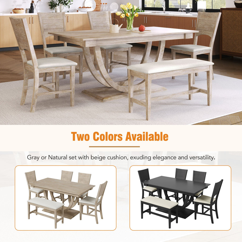 TOPMAX Modern Style Natural Wood 6-Piece Dining Table Set with Bench and Chairs, Upholstered Seats, Rubberwood Frame