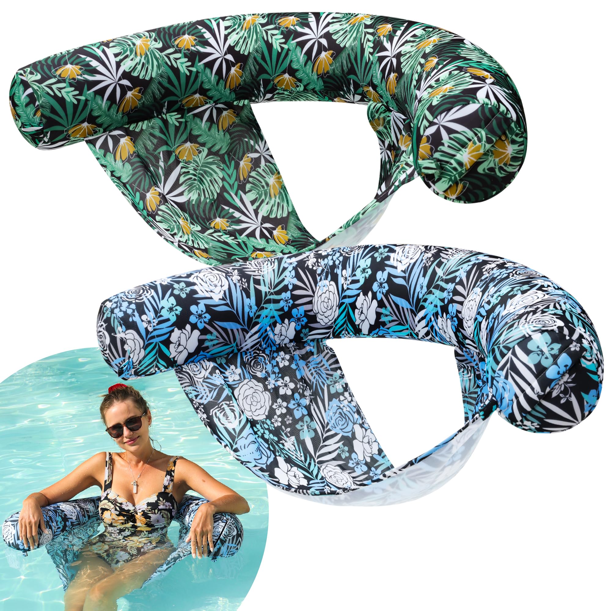 FindUWill Inflatable Pool Floats Chair 2 Pack Tanning Pool Lounger Chair with Sling Fabric Swimming Noodle Chairs Pool Floaties Blow up Pool Noodles for Adults(Blue Flower Green)