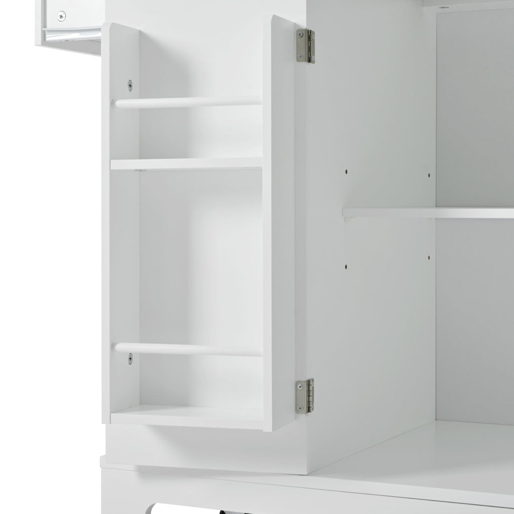 K&K Fluted Kitchen Island with Trash Can Storage Cabinet, Power Outlet, Internal Storage Rack, Rolling Kitchen Islands on 5 Wheels with 3 Drawer, 3 Open Side Racks for 10 Gallon Garbage Bin, White