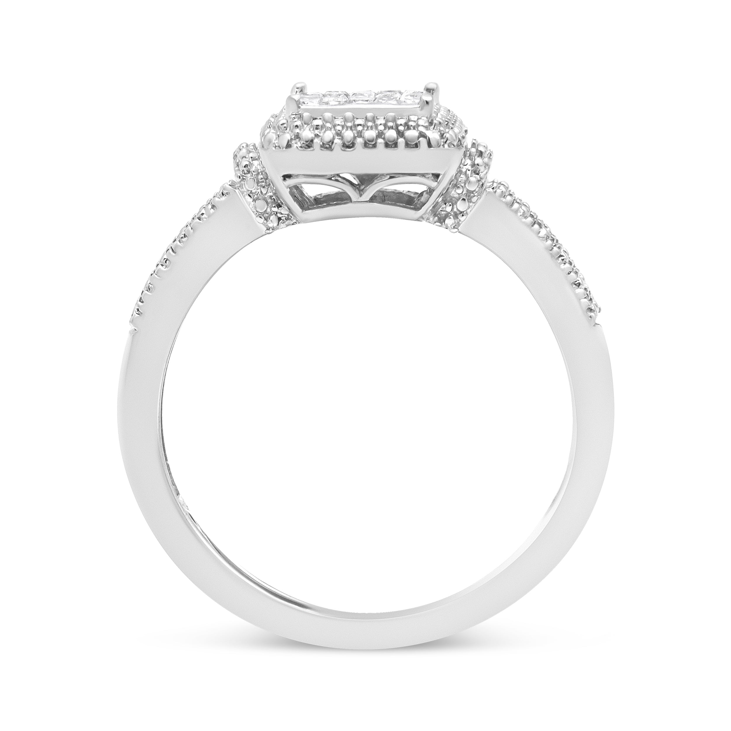 .925 Sterling Silver 1/4 Cttw Princess-cut Diamond Composite Ring with Beaded Halo (H-I Color, SI1-SI2 Clarity) - Size 7