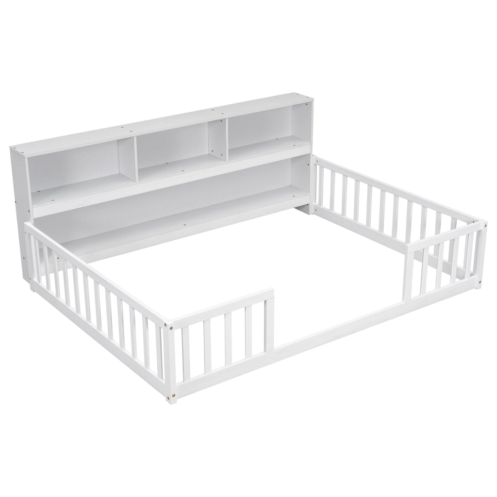 Full Floor Bed with Side Bookcase,Shelves,Guardrails,White