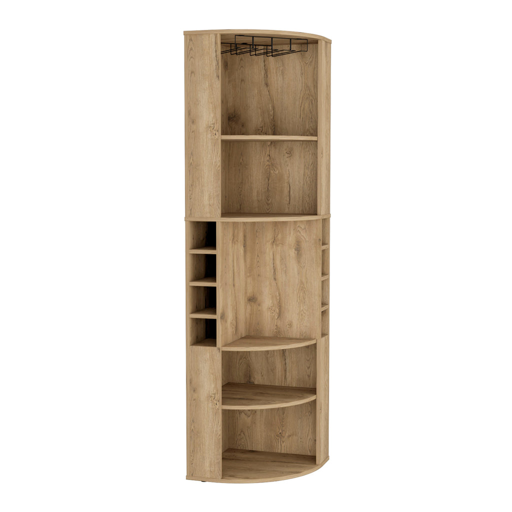 Oban Corner Bar Cabinet with Five Shelves , Eight Bottle Cubbies and Steamware Macadamia