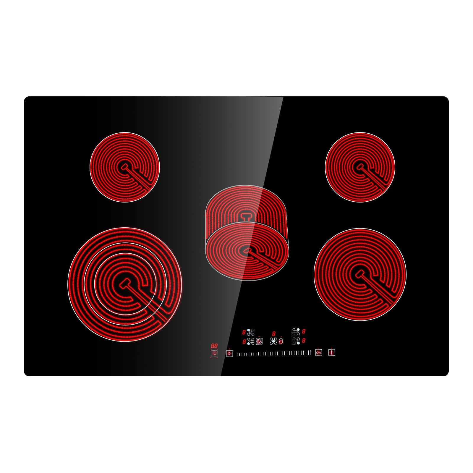 Built in Electric Stove Top, 30.3 x 20.5 inch 5 Burners, 240V Glass Radiant Cooktop with Sensor Touch Control, Timer & Child Lock Included, 9 Power Levels for Simmer Steam Slow Cook Fry