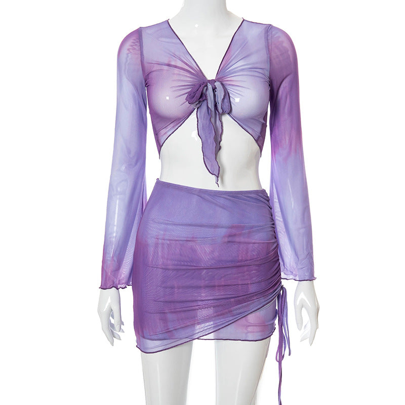 2pcs Summer Tie-Dye V-neck Long Sleeve Skirt Set