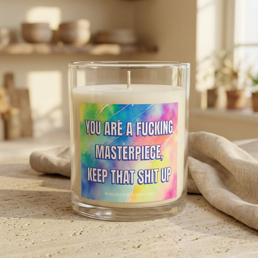 Bespattered Facade Semi-Inspirational Glass Candle – "You Are a Fucking Masterpiece, Keep That Shit Up" (11oz)