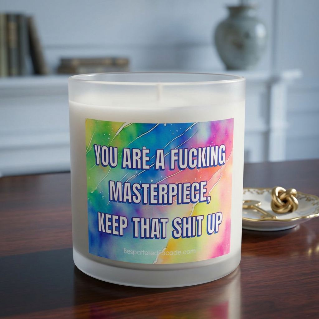 Bespattered Facade Semi-Inspirational Glass Candle – "You Are a Fucking Masterpiece, Keep That Shit Up" (11oz)
