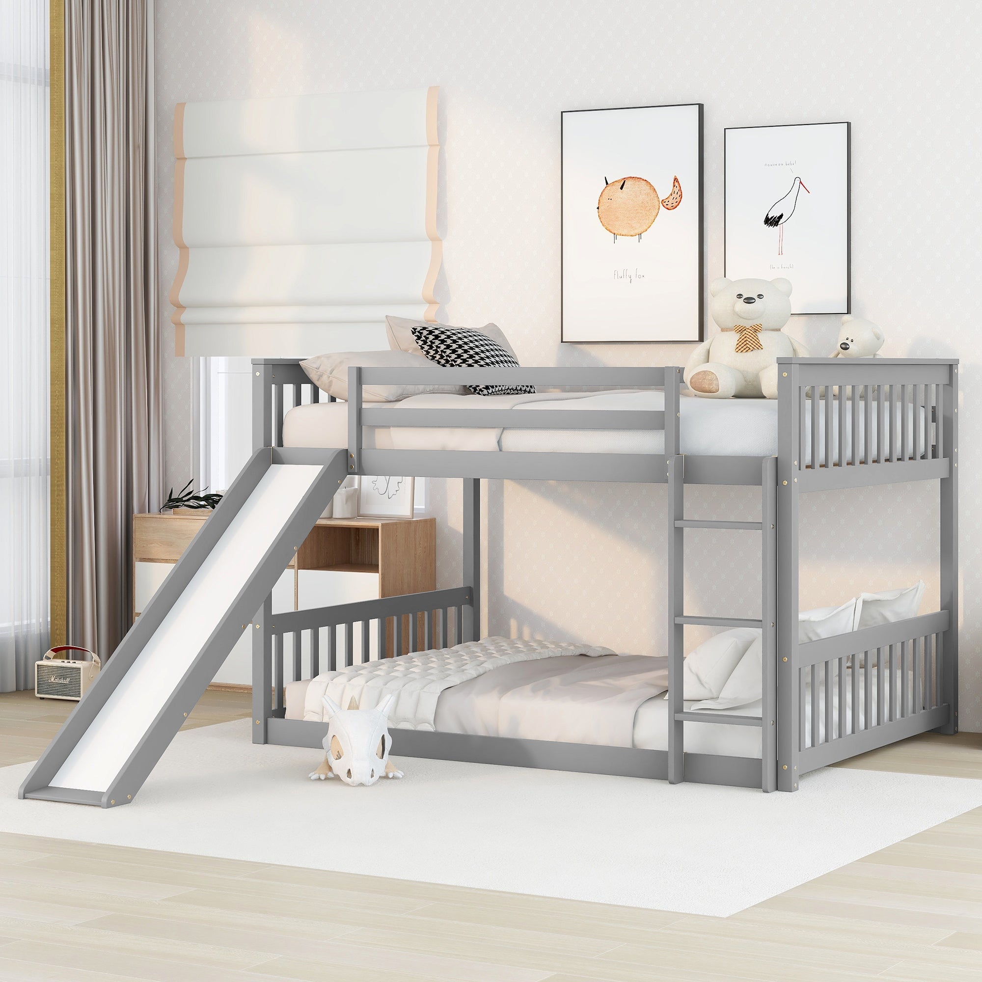 Masonstine Full over Full Bunk Bed with Slide and Ladder, Grey