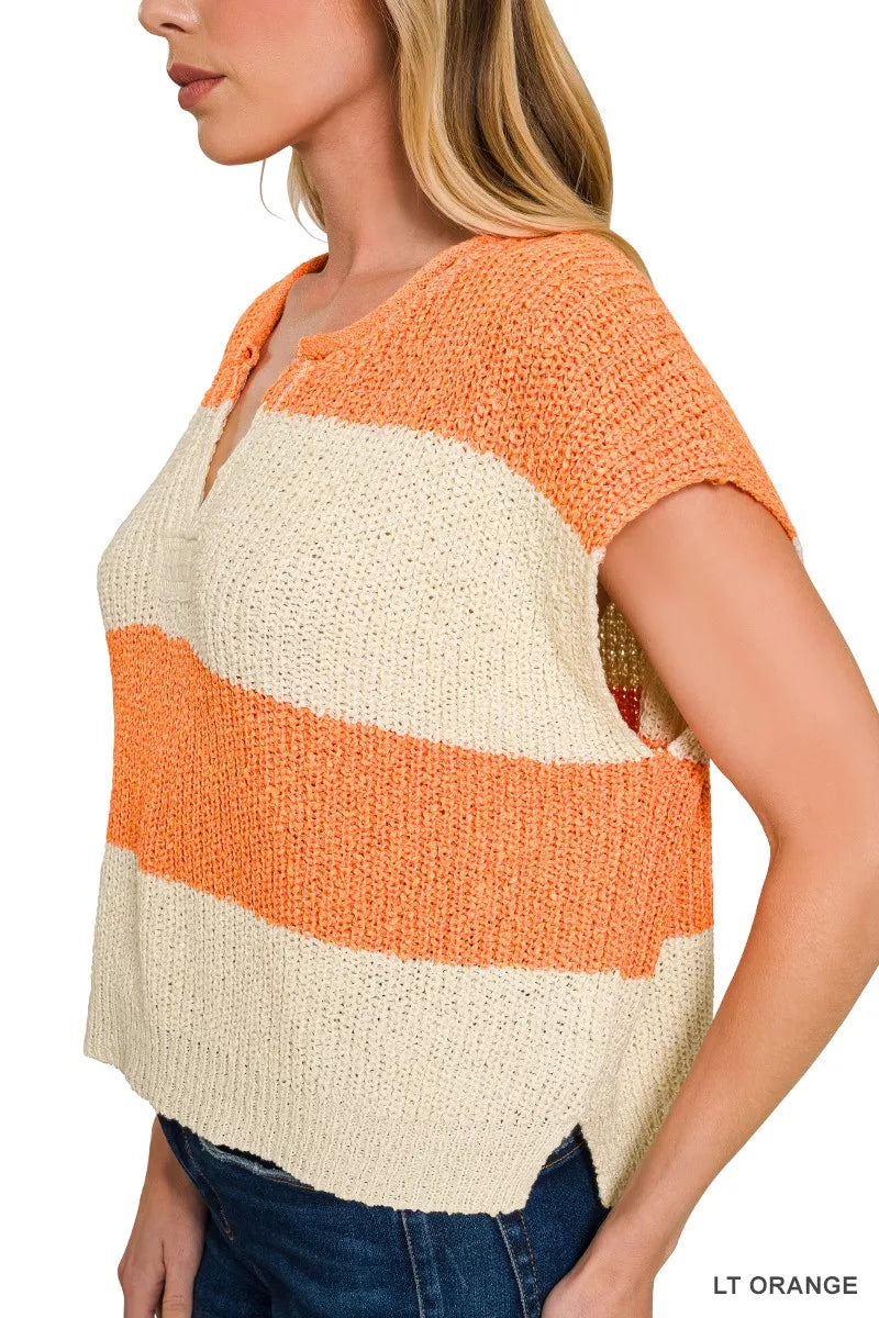 Zenana Split Neck Sleeveless Stripe Sweater