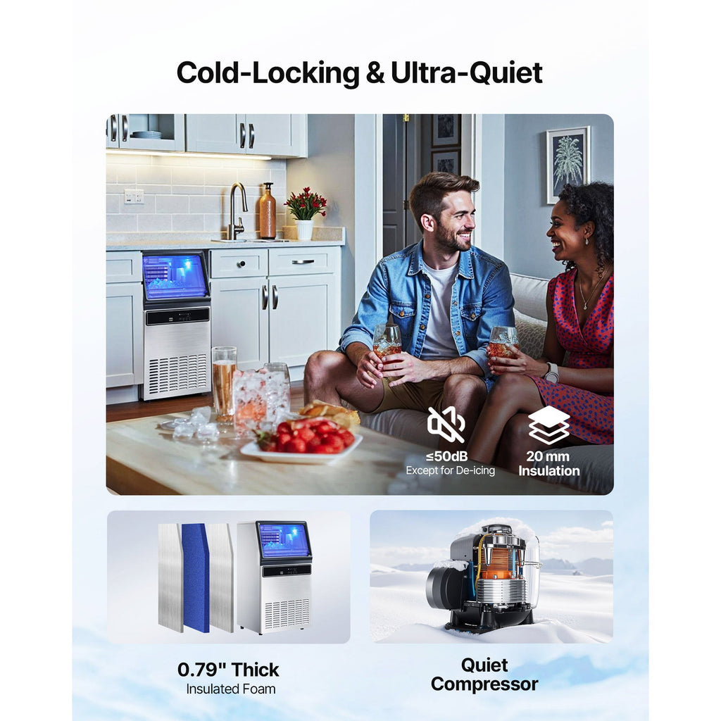 Commercial Ice Maker Machine, 130Lbs/24H with 33Lbs Storage, 45 Cubes per Cycle, Stainless Steel Freestanding & Under Counter Ice Maker with LED Display & Self-Cleaning, for Home Bar Restaurant