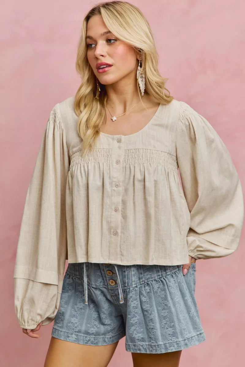 SO ME Linen Blend Woven Long Sleeve With Smocking Top