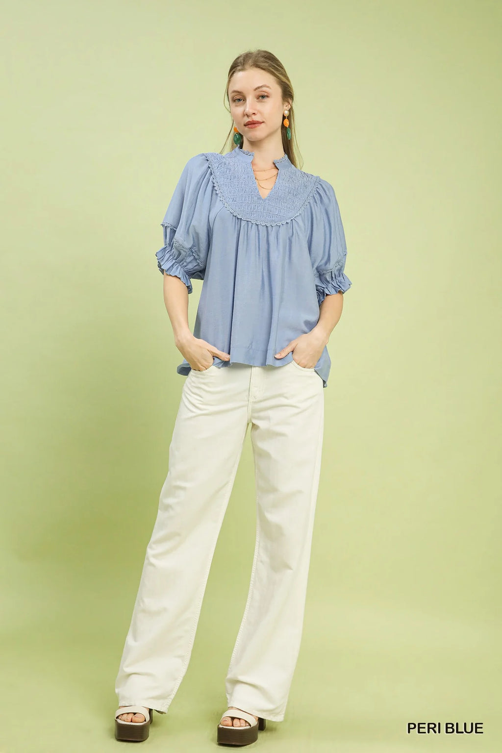 Umgee Smocked Yoke Blouse with Ruffle Sleeves