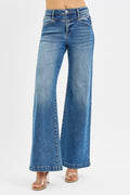 RISEN High Rise Wide Leg Jeans with Front Yoke and Heart Back Pocket