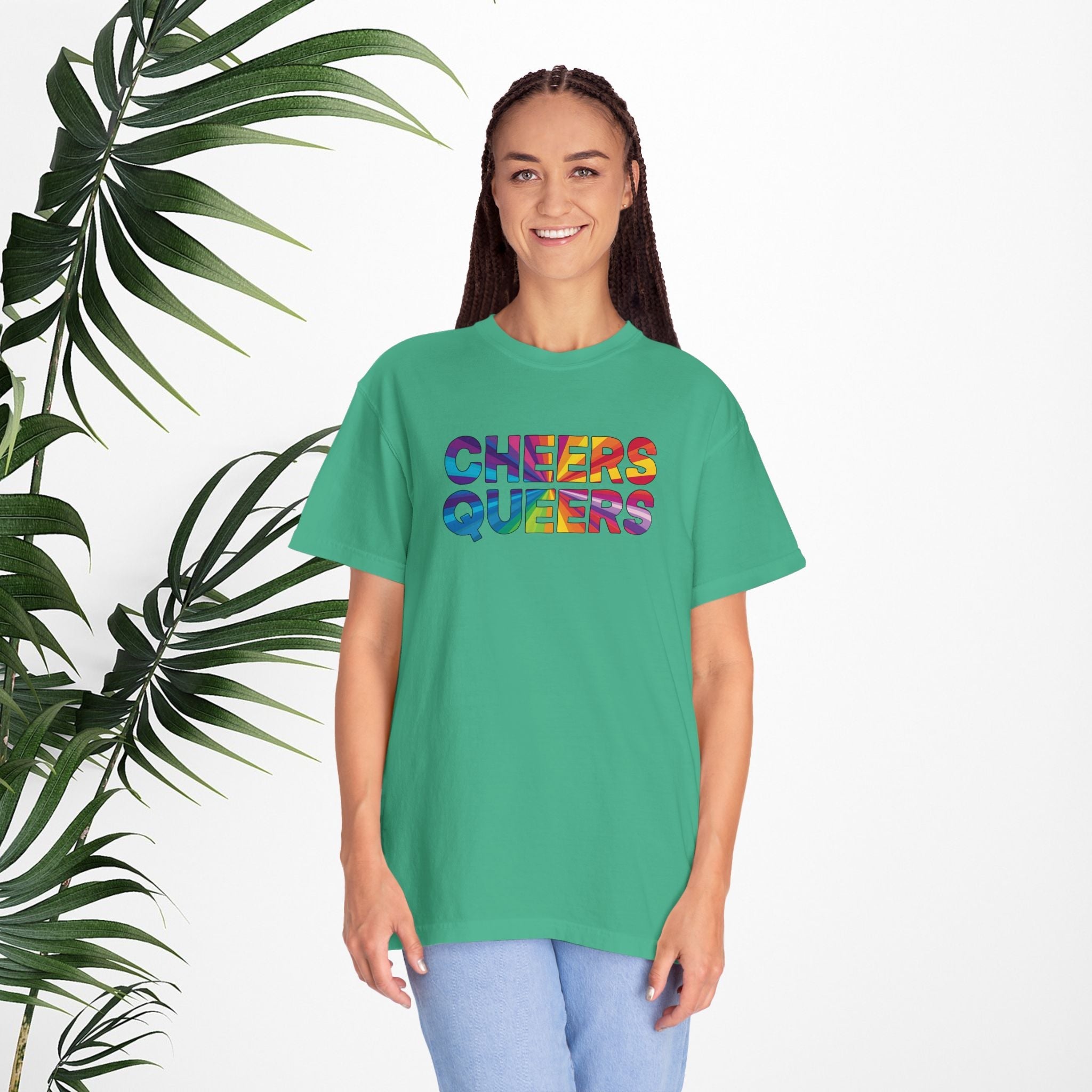 Bespattered Facade Rainbow Cheers Queers Colorful LGBTQ+ Pride Premium Unisex Comfort Colors Garment Dyed 100% Cotton T-Shirt