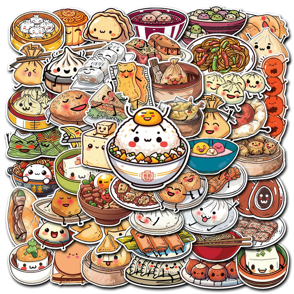 WESILY Pack 50 PCS Chinese Food Stickers Noodles Buns Dumplings Waterproof Vinyl Decals Decor Water Bottles Laptop Luggage Computer Phone Guitar Scrapbooking for Adults Teens Kids
