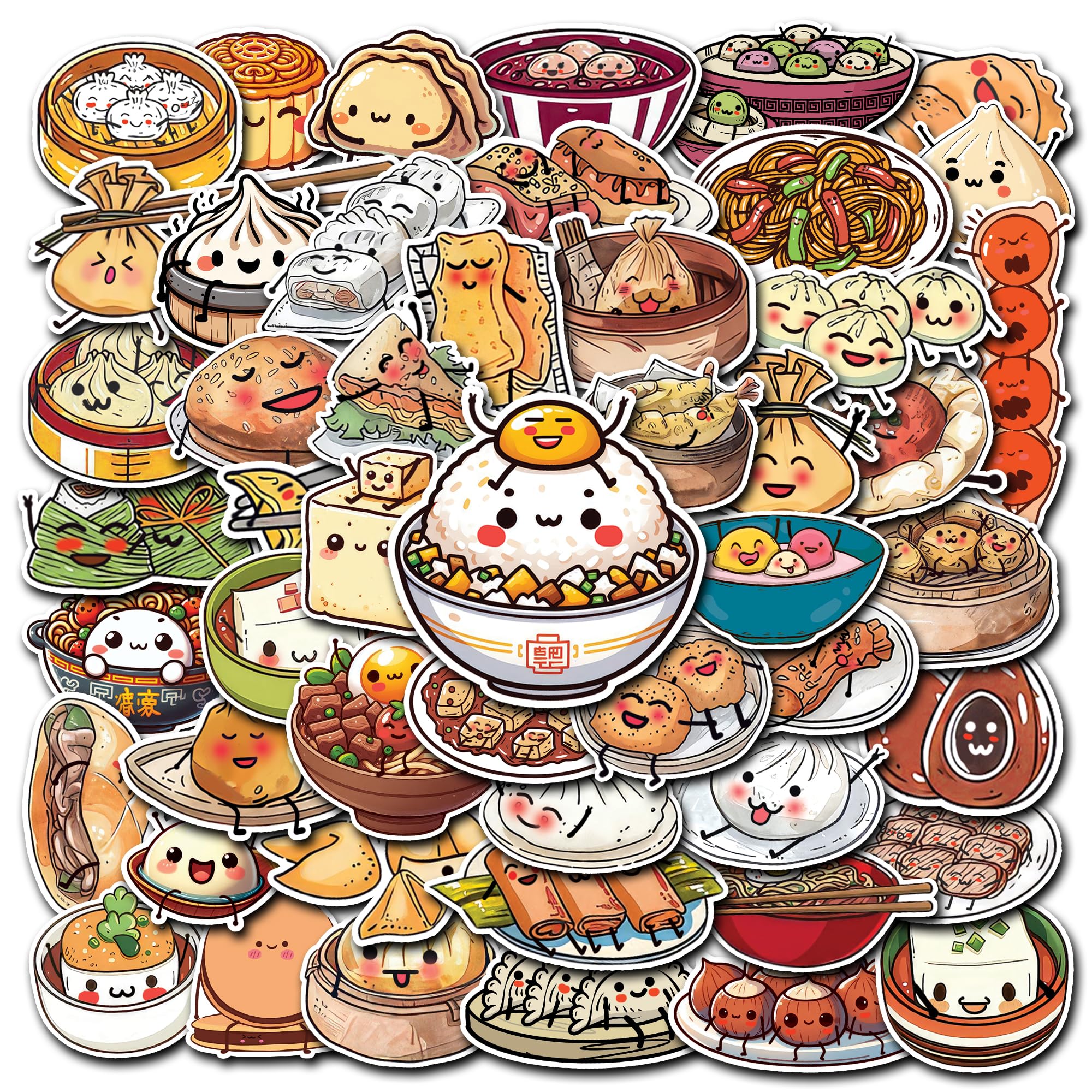WESILY Pack 50 PCS Chinese Food Stickers Noodles Buns Dumplings Waterproof Vinyl Decals Decor Water Bottles Laptop Luggage Computer Phone Guitar Scrapbooking for Adults Teens Kids