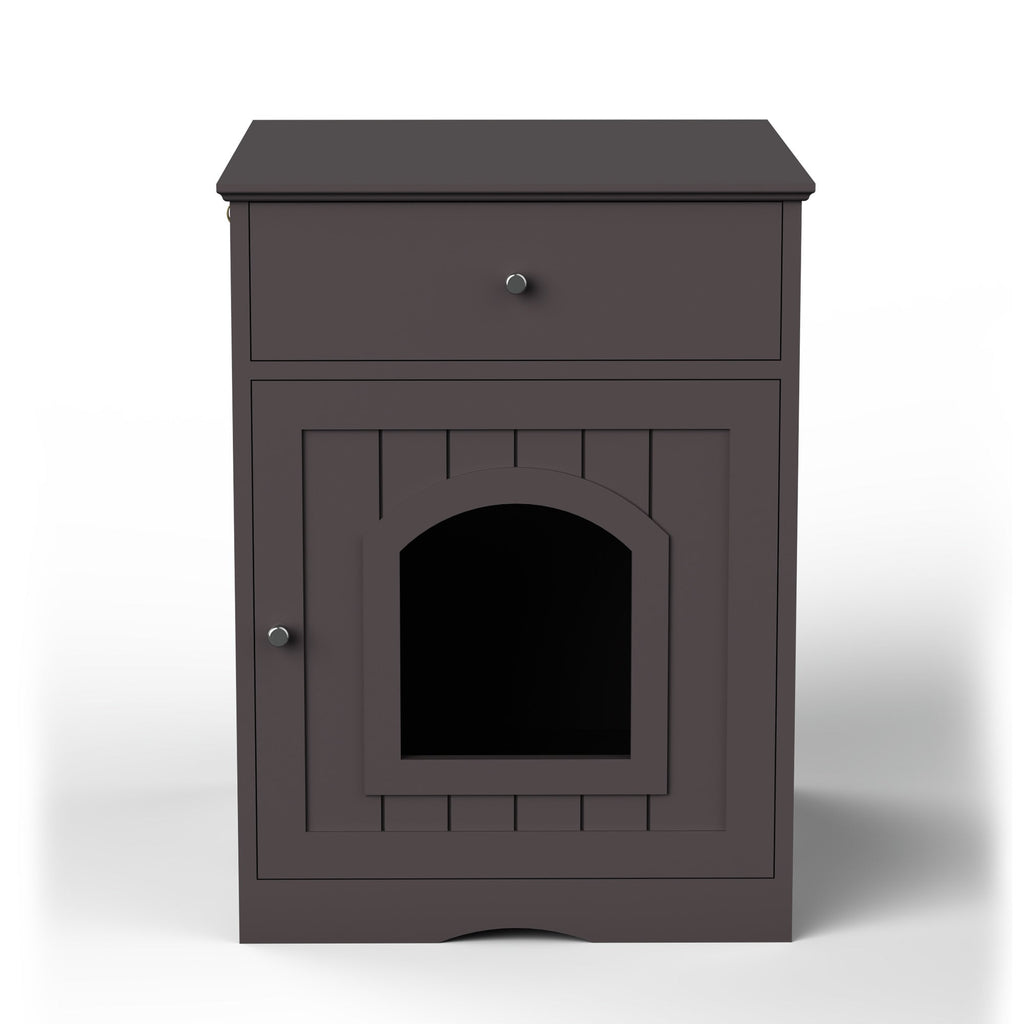 Brown Wooden Pet House Cat Litter Box Enclosure with Drawer, Side Table, Indoor Pet Crate, Cat Home Nightstand