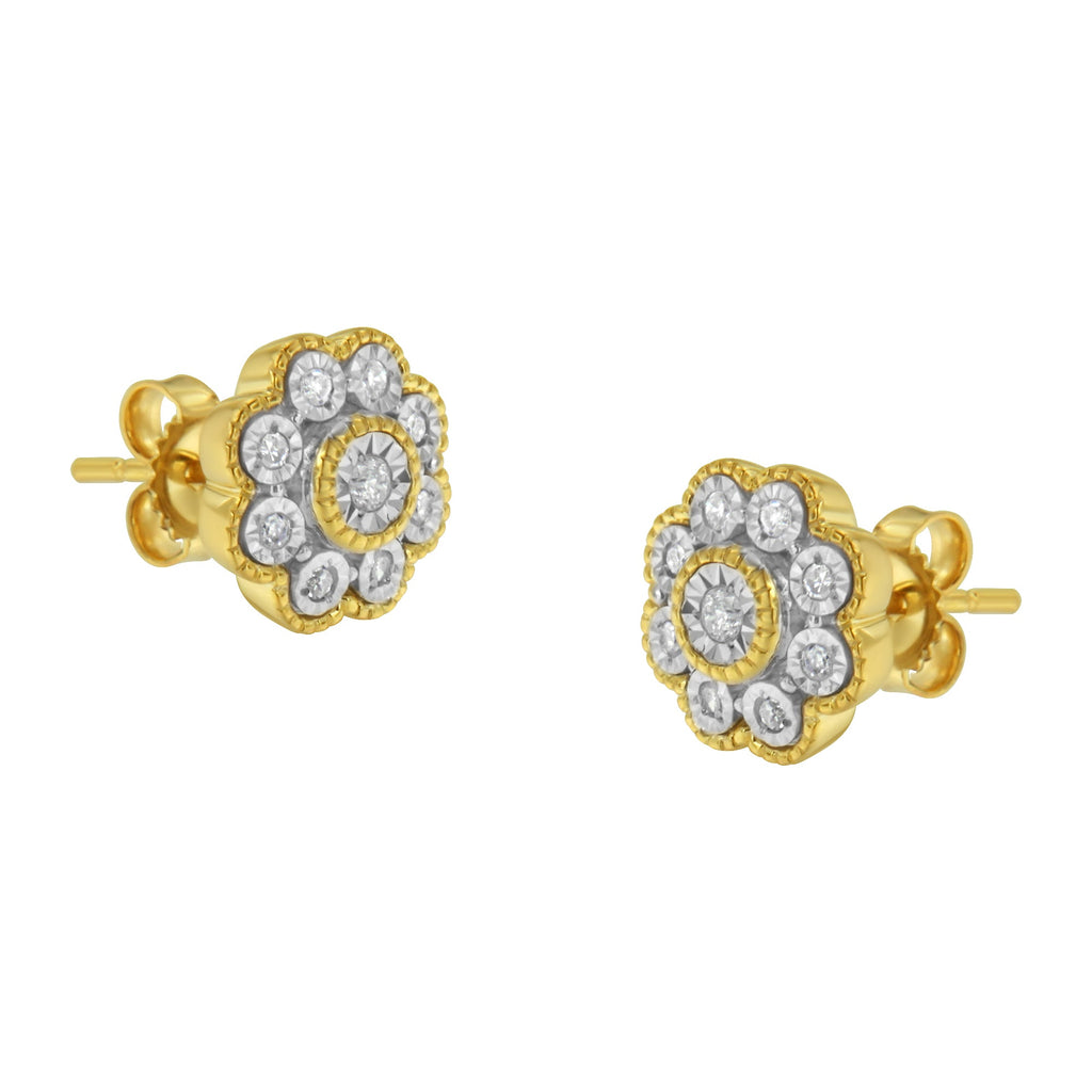 14K Yellow Gold Plated .925 Sterling Silver 1/6 Cttw Miracle-Plate Set Diamond Floral Stud Earrings (I-J Color, I2-I3 Clarity)