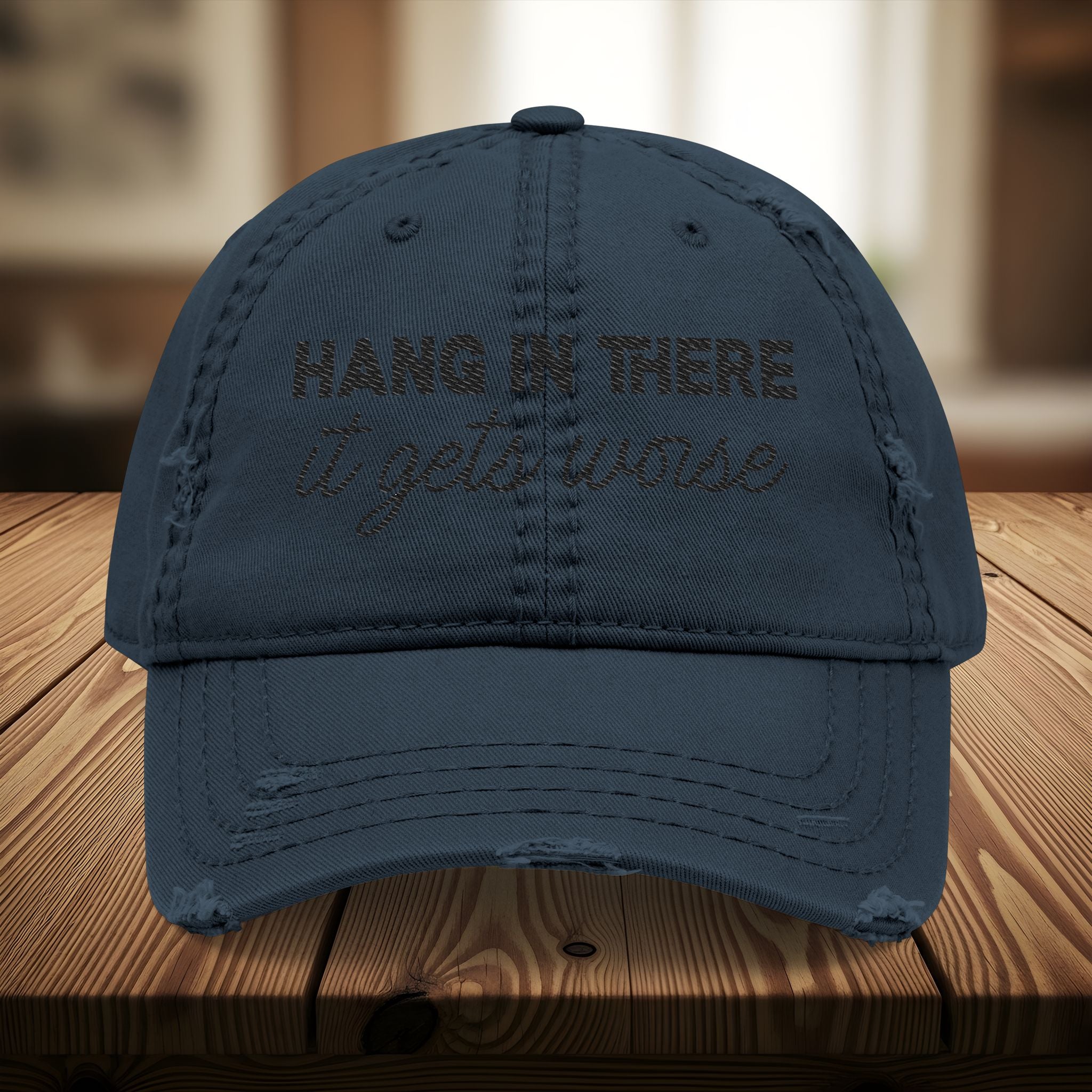 Bespattered Facade "Hang in There" Black Embroidered Distressed Cap
