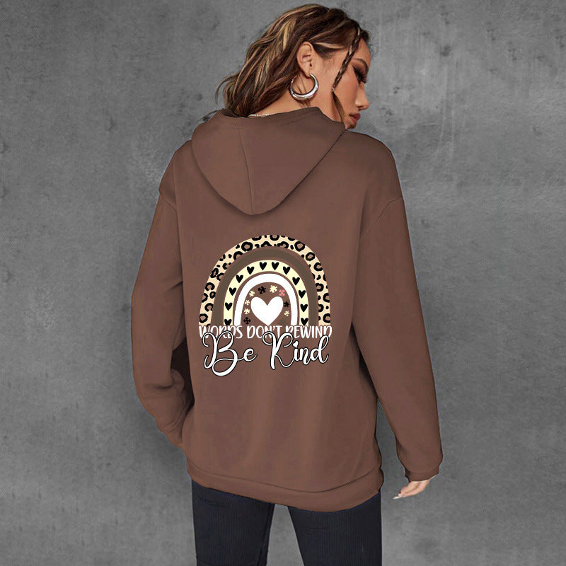 "Be Kind Letter Print Hooded Brushed Hoody for Women"