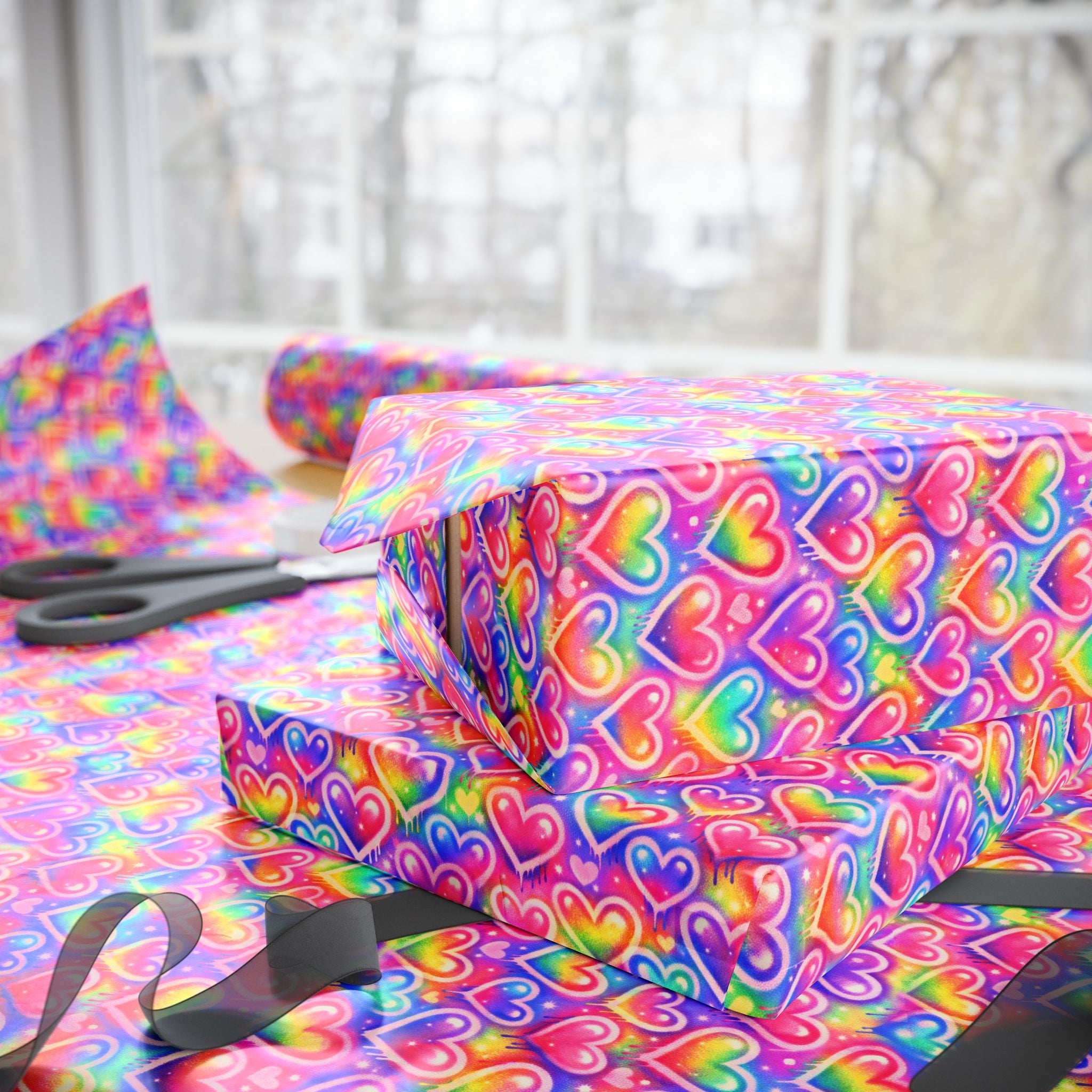 Bespattered Facade Rainbow Hearts Wrapping Paper | Three Sizes | Glossy or Matte