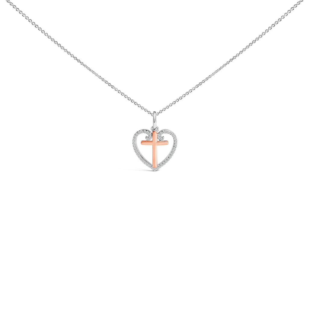 14K Rose Gold Plated Sterling Silver 1/5 Cttw Diamond Heart Cross Pendant Necklace