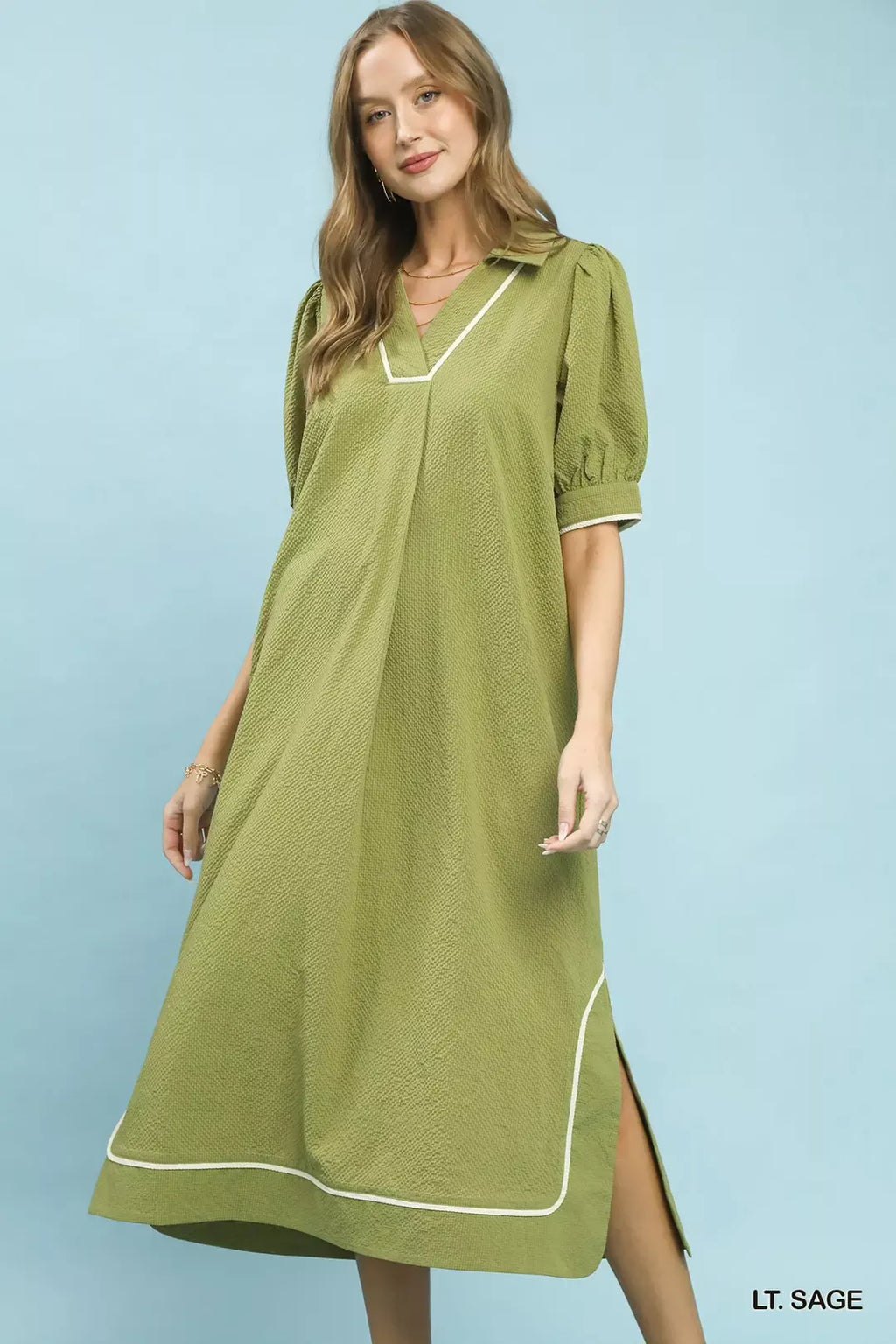 Umgee Seersucker Midi Dress with Contrast Trim
