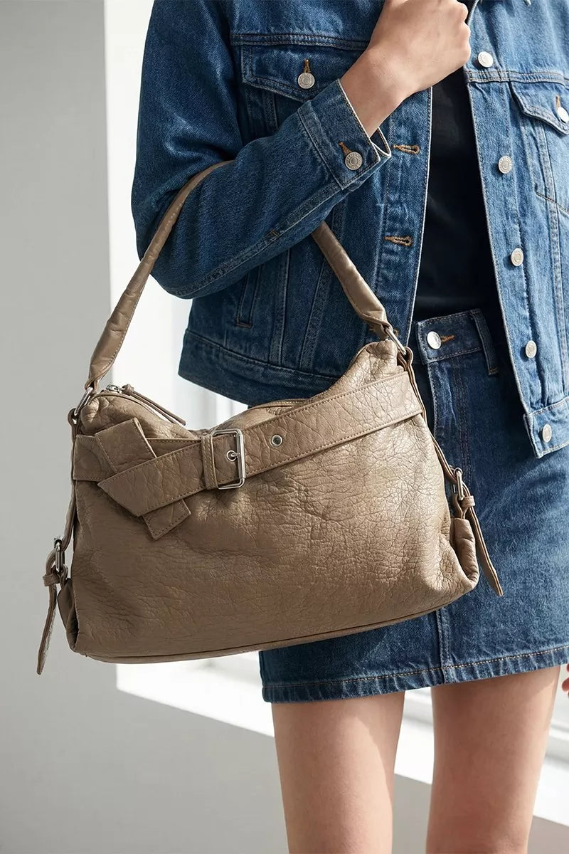 Fame Buckle Strap Detail Leather Handbag