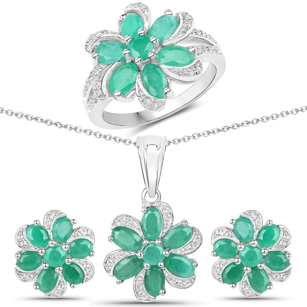 7.84 Carat Genuine Emerald and White Topaz .925 Sterling Silver 3 Piece Jewelry Set (Ring, Earrings, and Pendant w/ Chain)