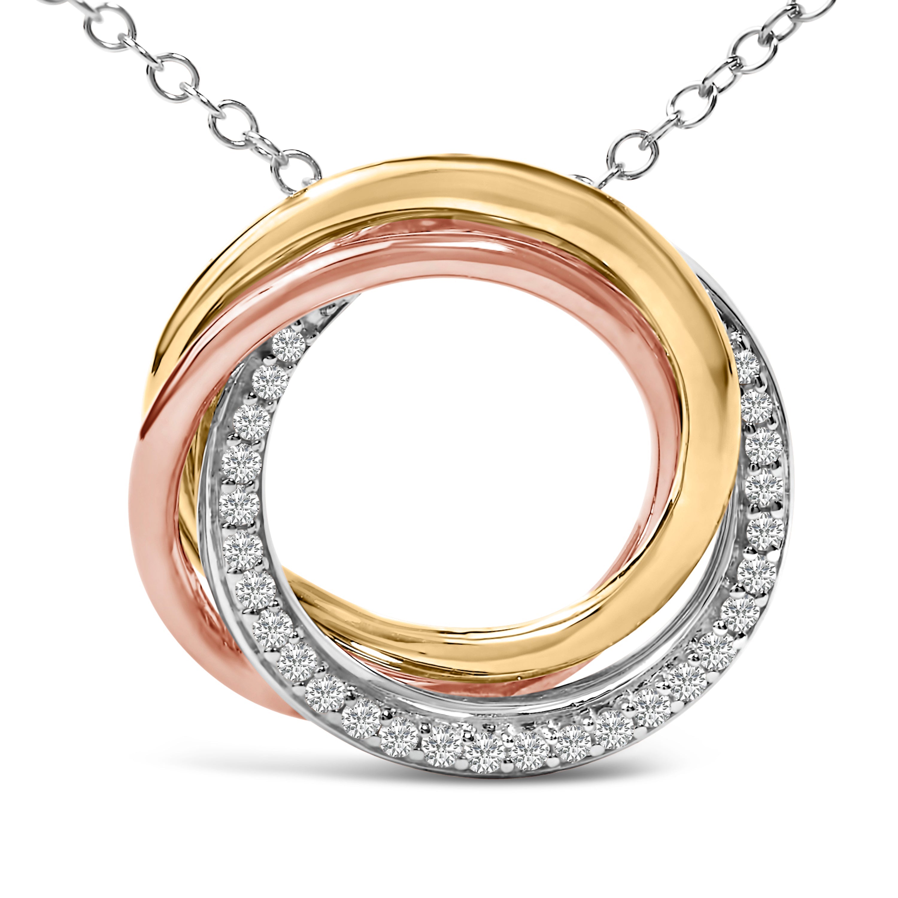 Tri Tone Sterling Silver 1/5 Cttw Diamond Interlocking Circle Pendant Necklace