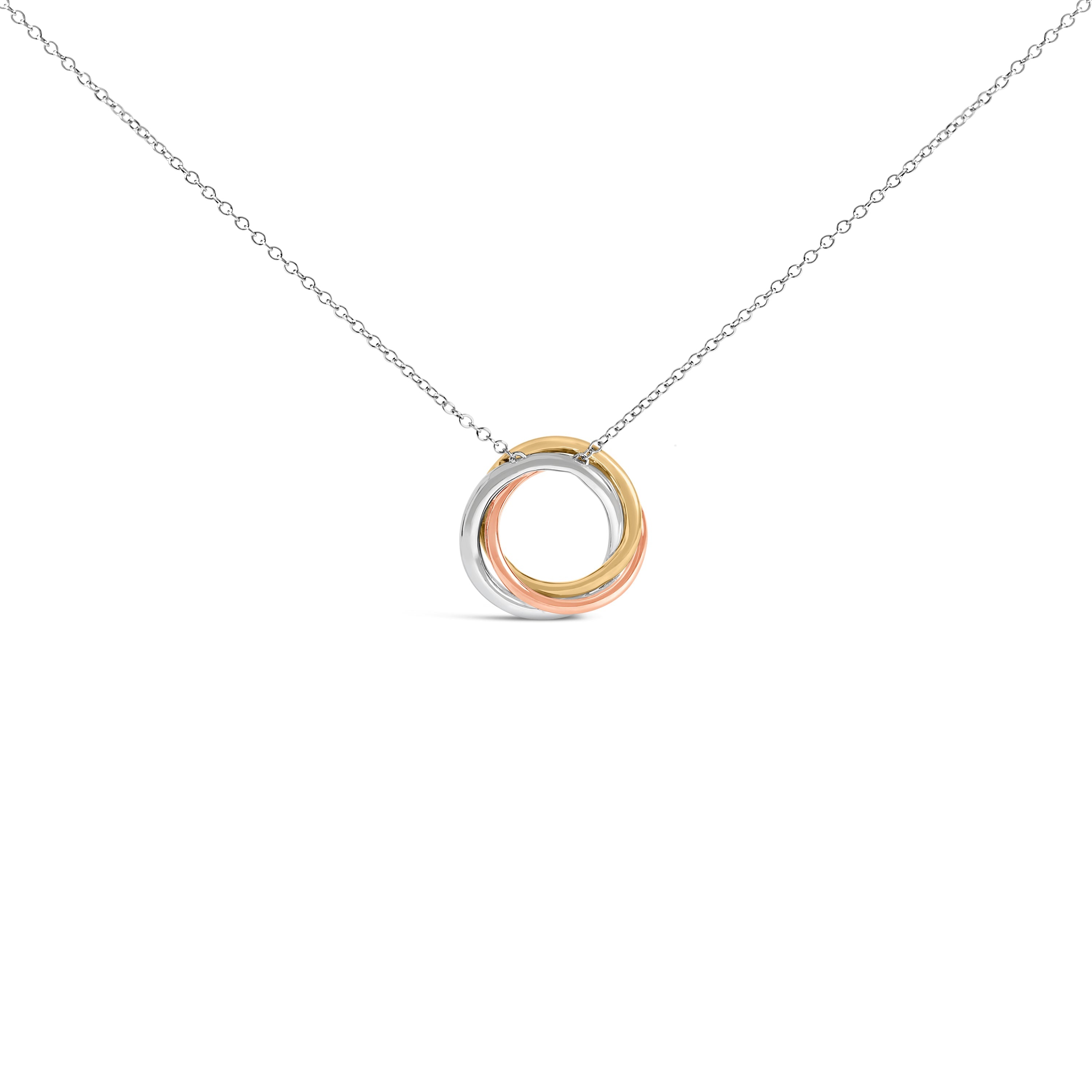Tri Tone Sterling Silver 1/5 Cttw Diamond Interlocking Circle Pendant Necklace