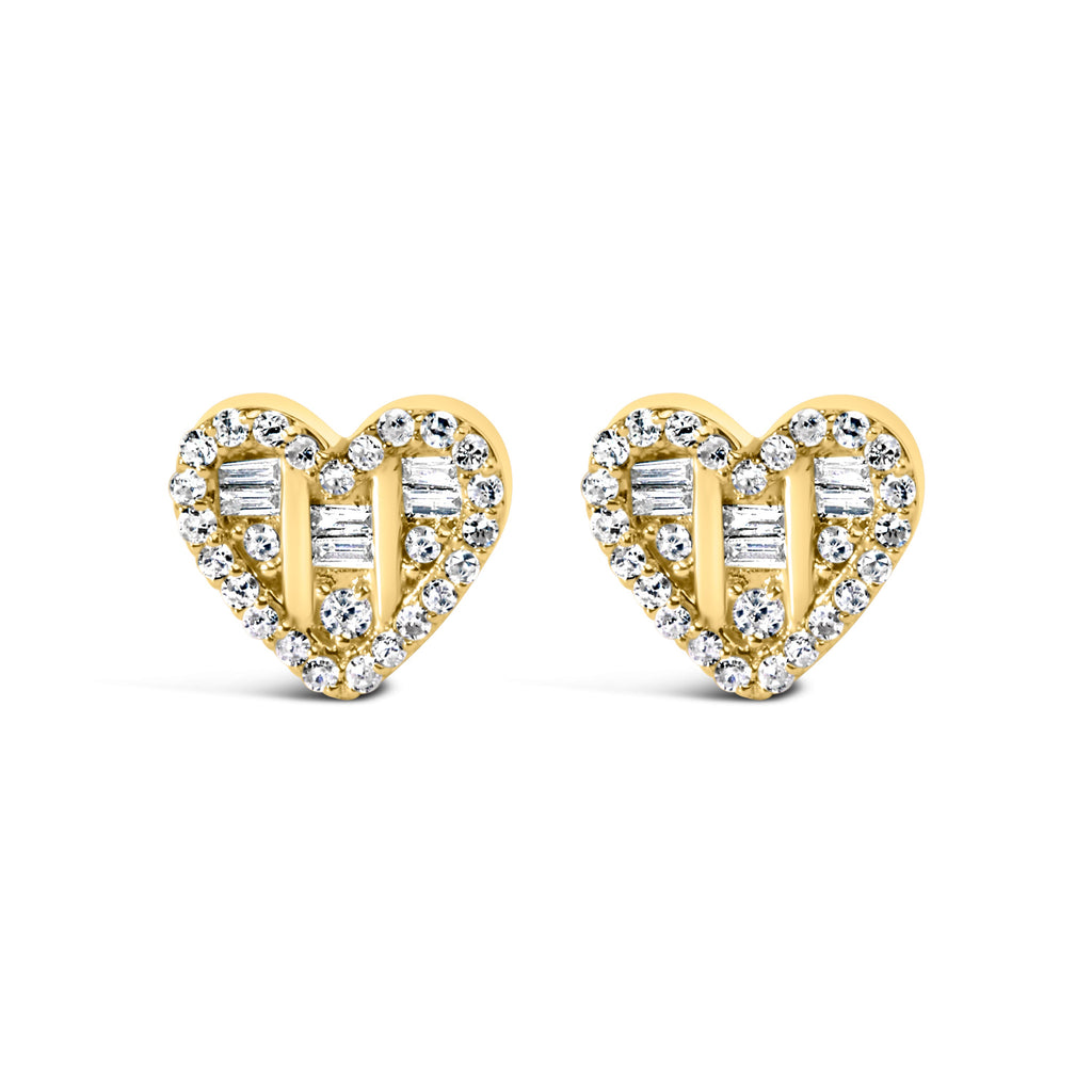 14K Yellow Gold Plated .925 Sterling Silver 1/2 Cttw Round and Baguette Diamond Composite Heart Shaped Stud Earring (I-J Color, SI2-I1 Clarity)