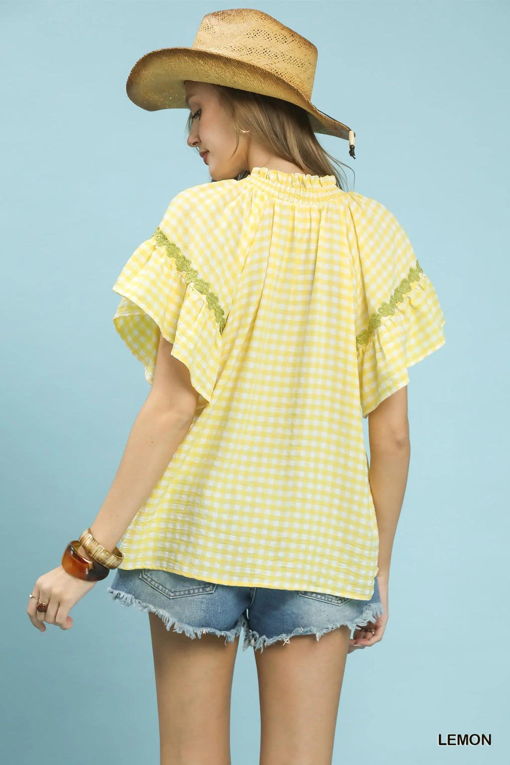 Umgee Gingham Lace Trim Top