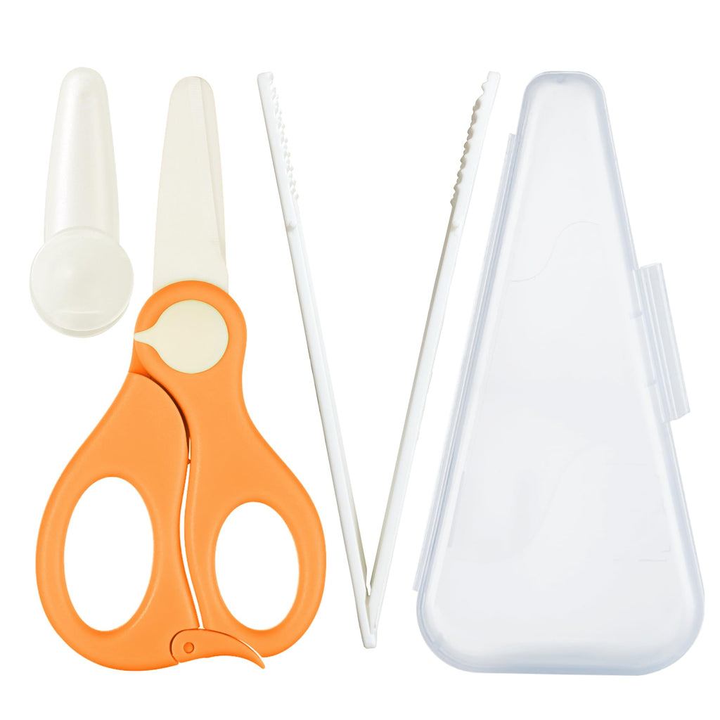 Baby Food Scissors with Travel Case and Tongs Set Fully Detachable Ceramic Kids Food Scissors with Safety Lock Dishwasher Safe Ideal for Noodles Meats Vegetables Pizza and Fruits (B)