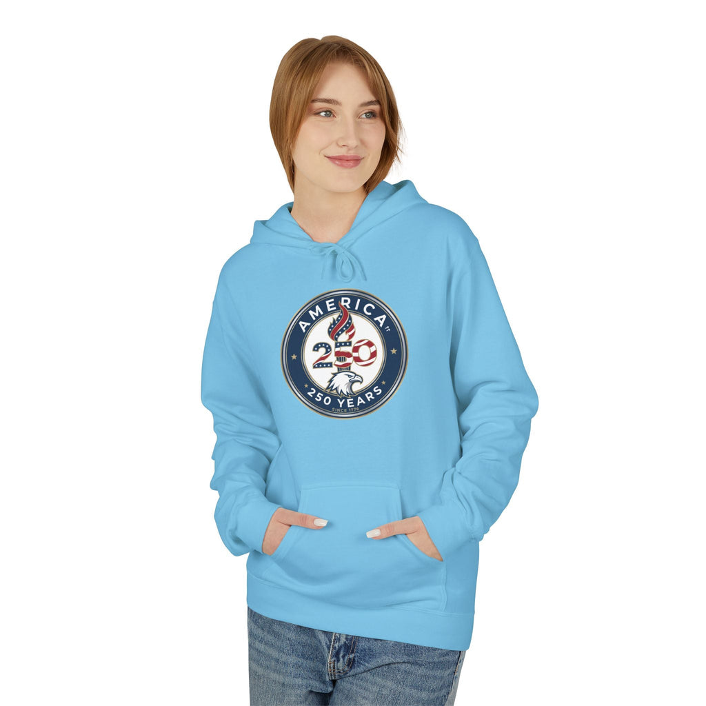 America 250 Years Badge Hoodie – USA Flag Patriotic Celebration Pullover