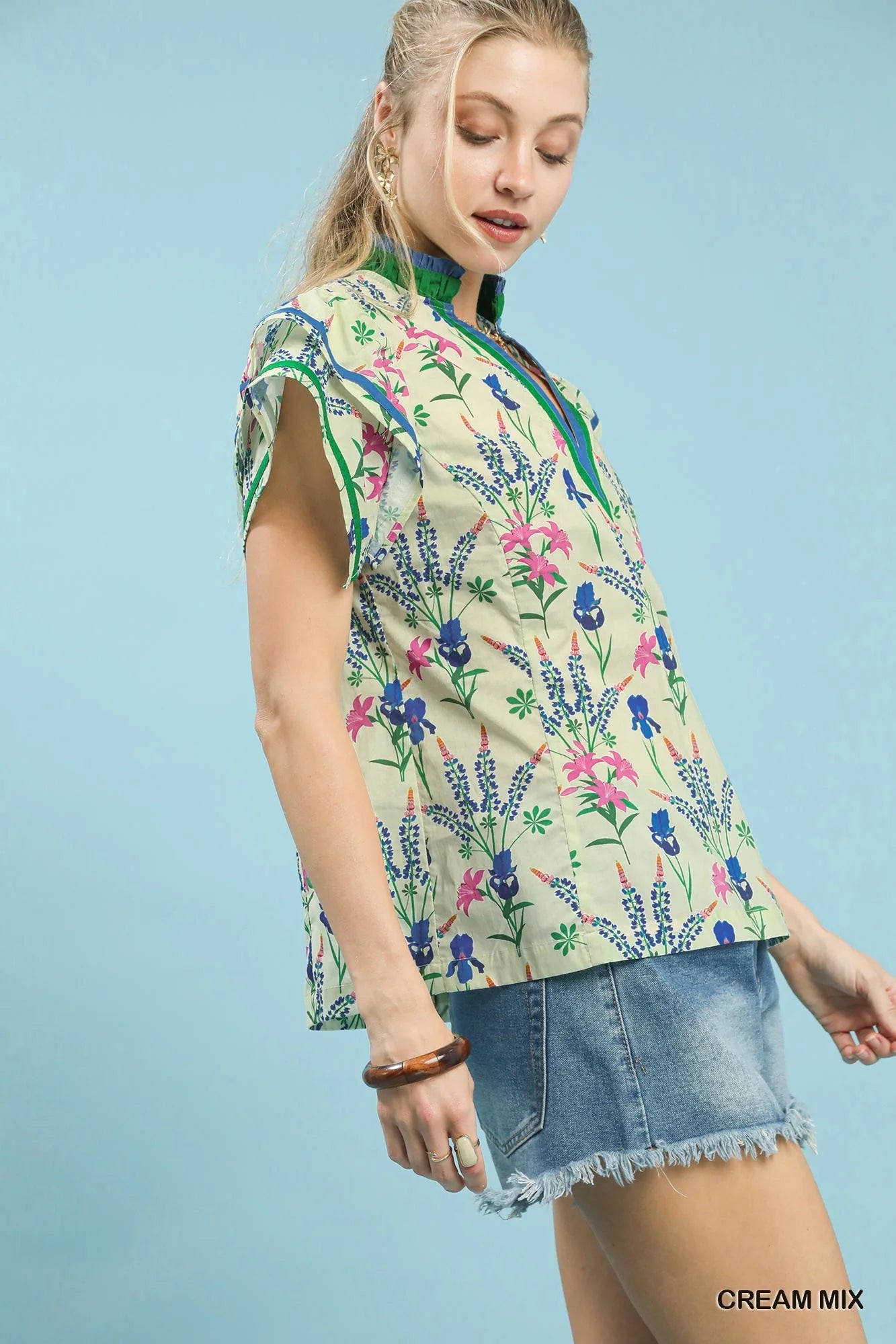 Umgee Mix Floral Print Blouse with Contrast Trim
