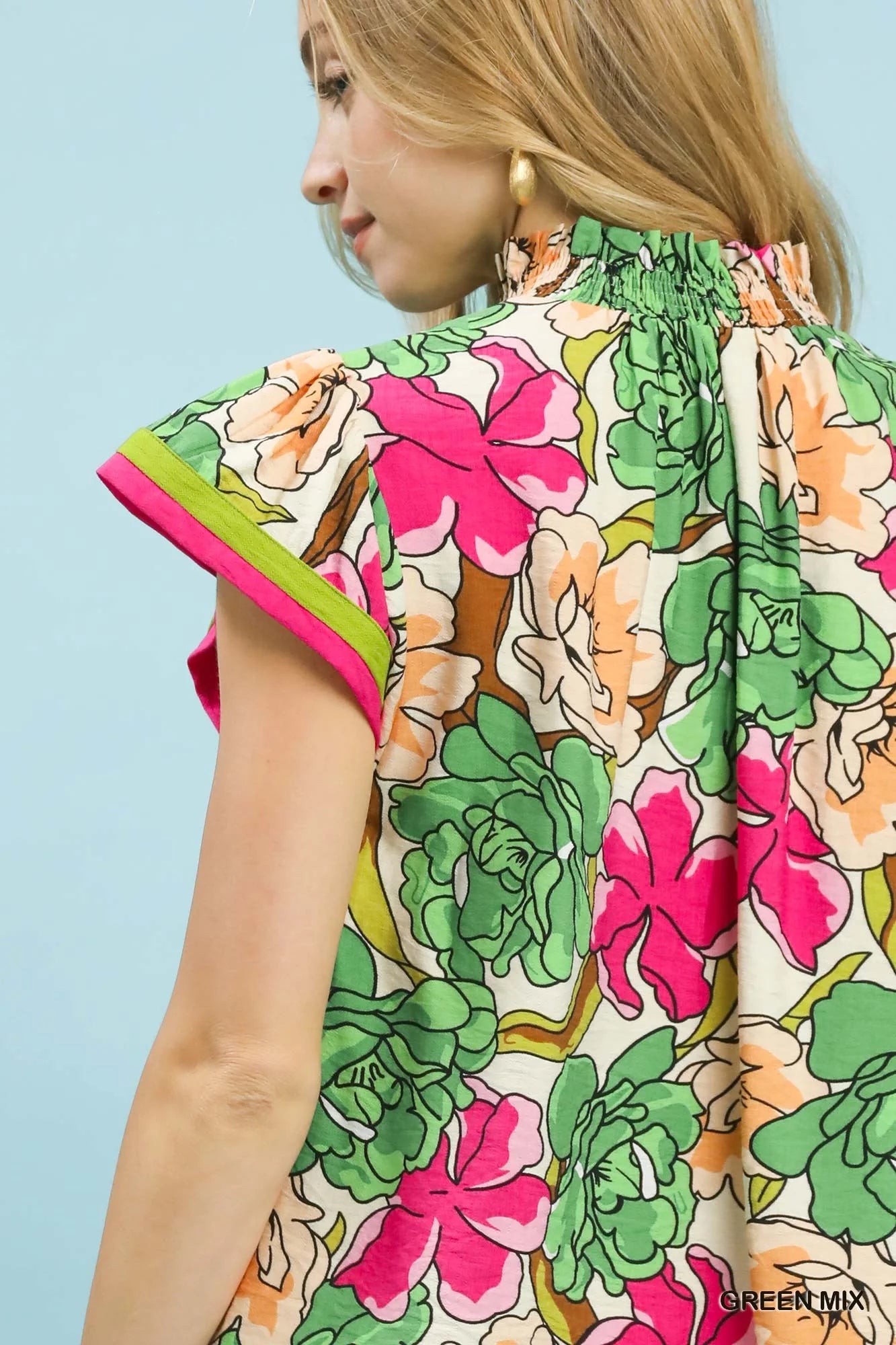 Umgee Floral Print Blouse with Contrast Trim