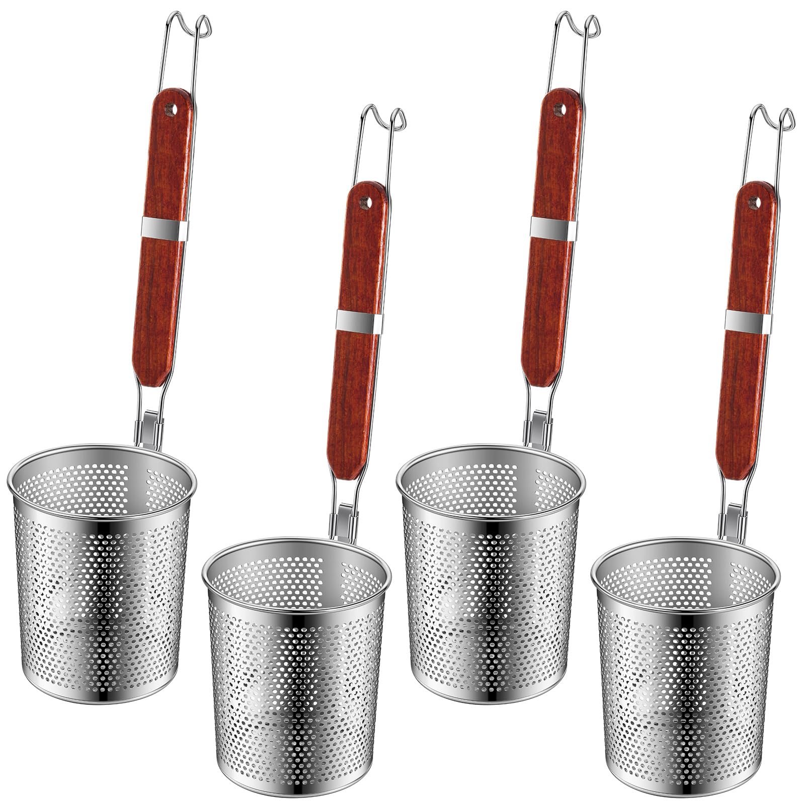 Tessco 4 Pcs Pasta Cooker Stainless Steel Pasta Basket with Wood Handle Kitchen Mesh Spider Pasta Strainer Skimmer Food Dumpling Noodle Strainer Blanching Basket for Pasta Noodles (Dark Color 6.3)