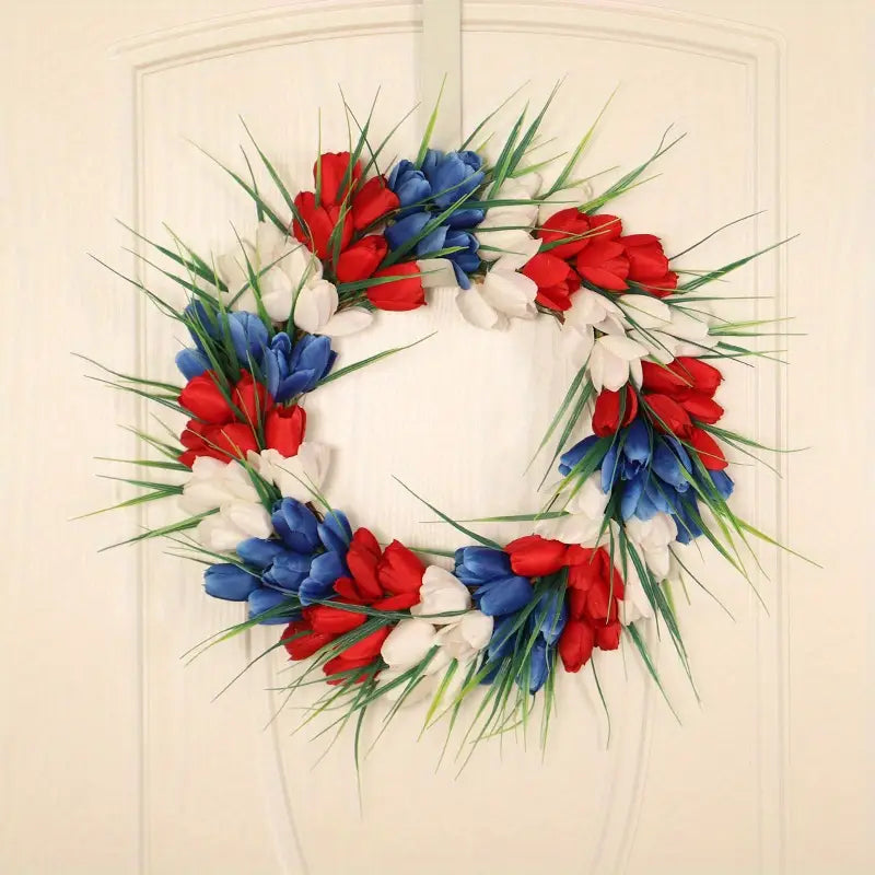 Red White and Blue Tulip Wreath for Door Decoration