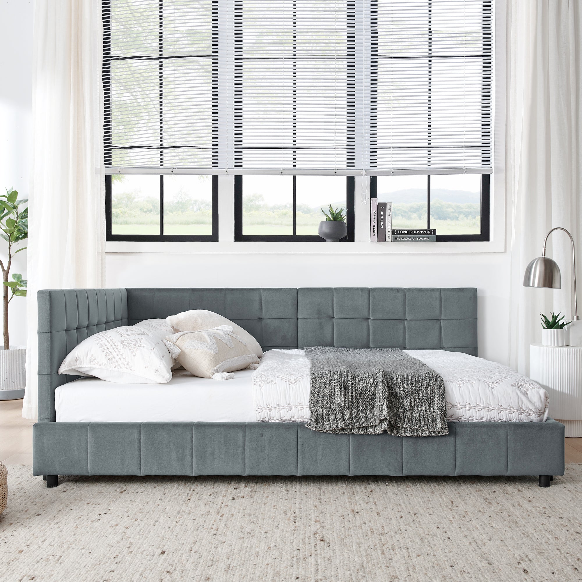 Velvet Grey Full Size Upholstered Tufted Bed Frame with Backrest and Armrests, 80.5''*59''*30.5''