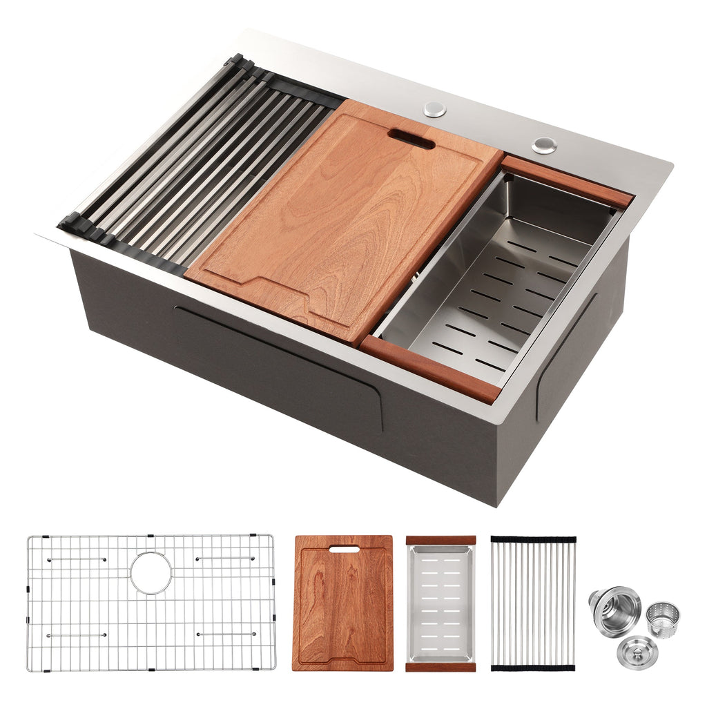 Brushed Nickel Stainless Steel Drop-in Kitchen Sink with Ledge Workstation, 33x22 Inch, 16 Gauge