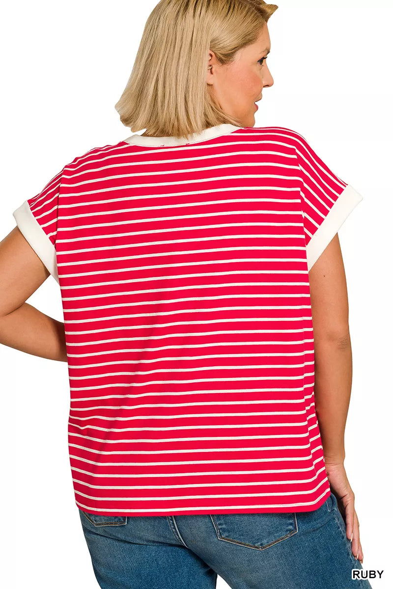 Zenana Full Size Contrast Trim Cap Sleeve Stripe Tee Plus Size