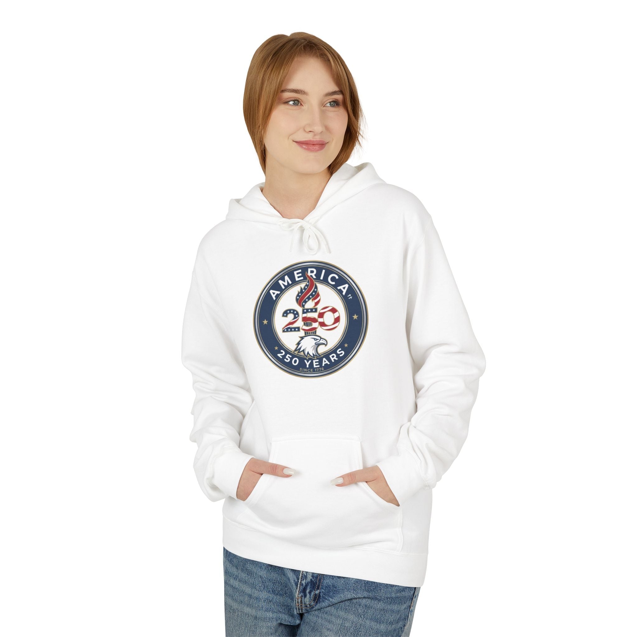 America 250 Years Badge Hoodie – USA Flag Patriotic Celebration Pullover