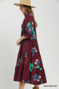 Umgee Floral Print Tiered Midi Dress with Puff Sleeves