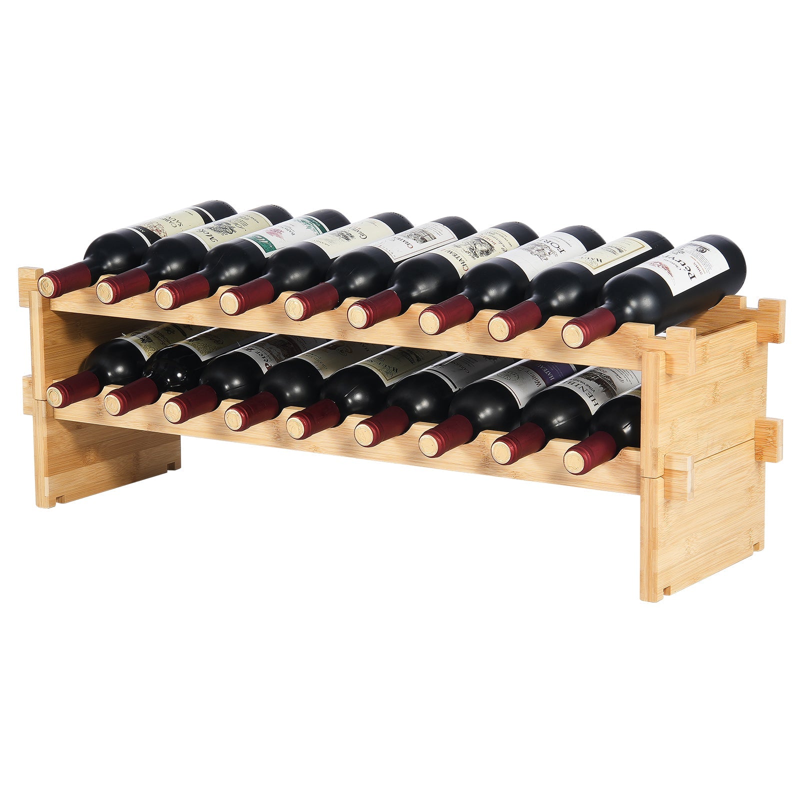 18 Bottle Stackable Modular Wine Rack Bamboo Wood Display Shelf 2-Tier
