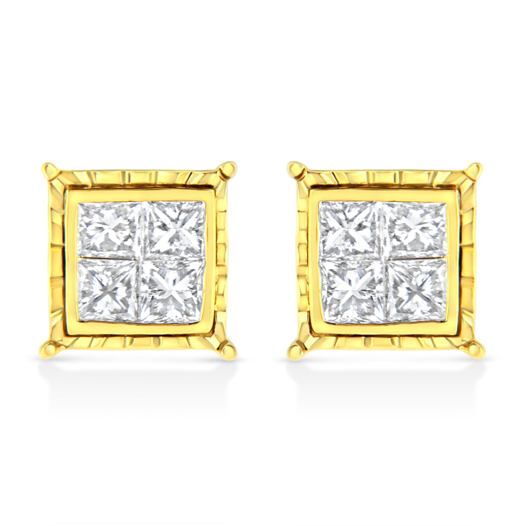 14K Yellow Gold 1 Cttw Princess Cut Diamond Square Stud Earrings