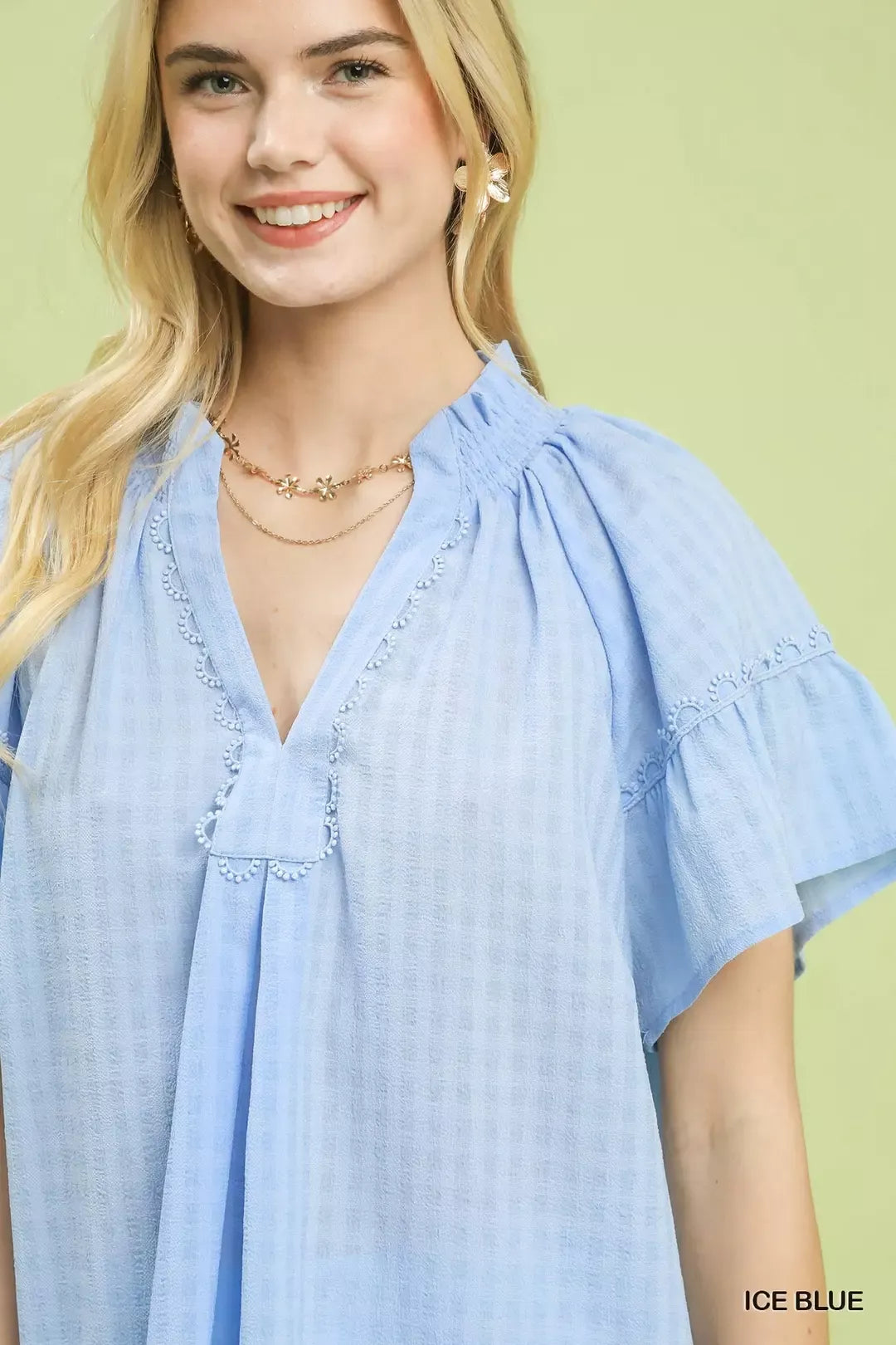Umgee Gingham Puff Sleeve Top with Lace Trim