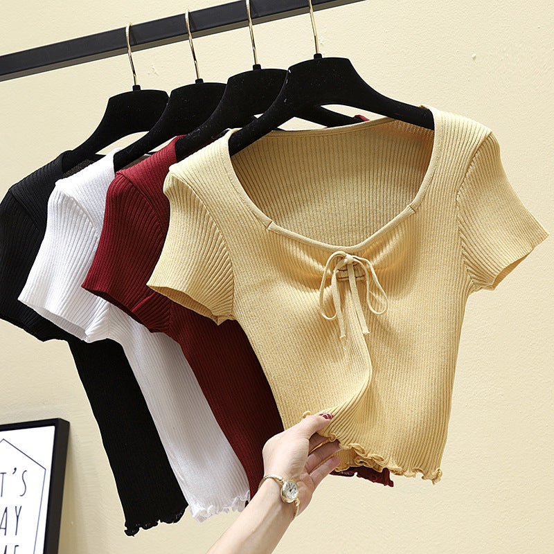 Korean Style Women's Bow Tie Short Sleeve Knit Top