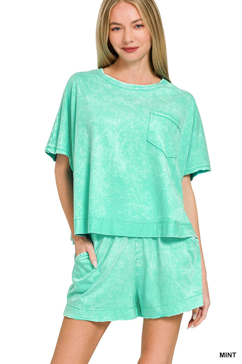 Zenana Acid Washed Oversized Top & Shorts Set
