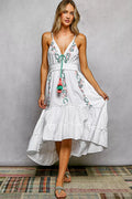 POL Embroidered Detail Tassel Tie Smocked Waist Midi Tiered Cami Dress